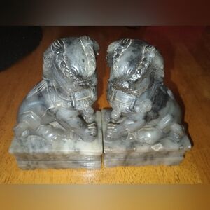Pair Of Vintage Chinese Carved Foo Dog Guardian Lion Figures
